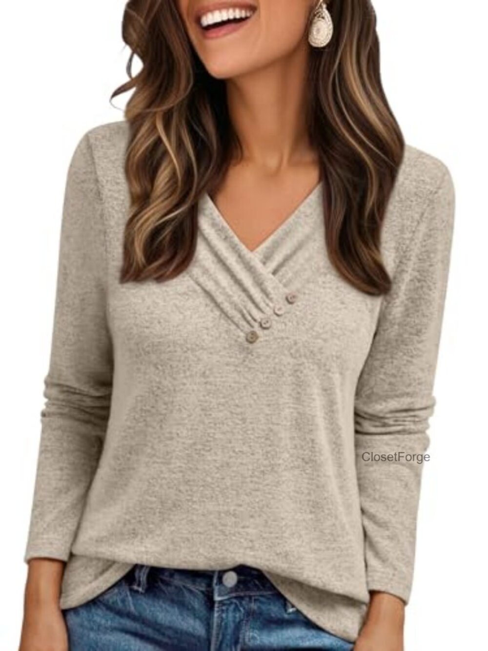 Women's Long Sleeve Tunic Blouse Casual V-Neck Stretch Top